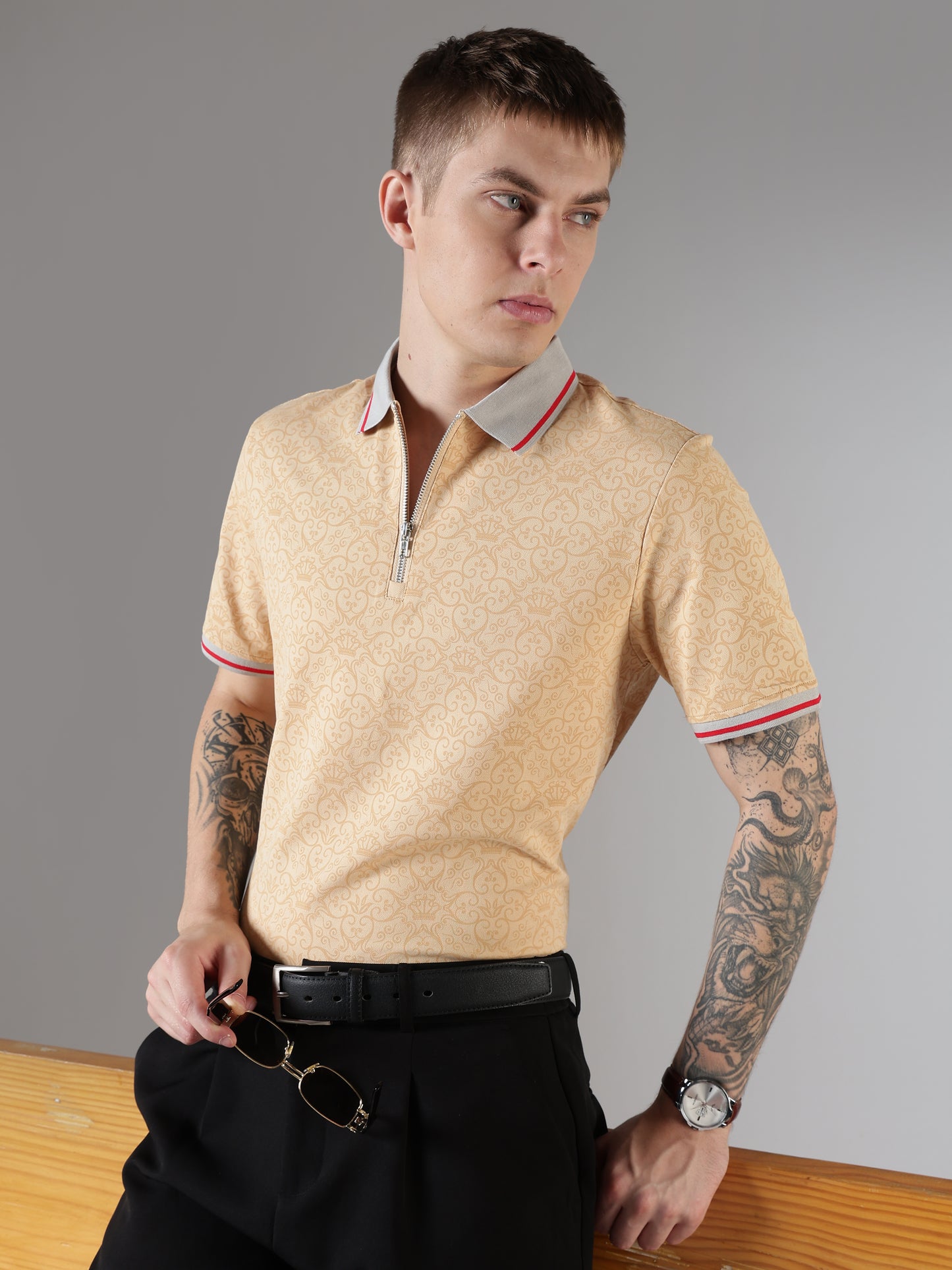 Monogram Sand Zip Polo